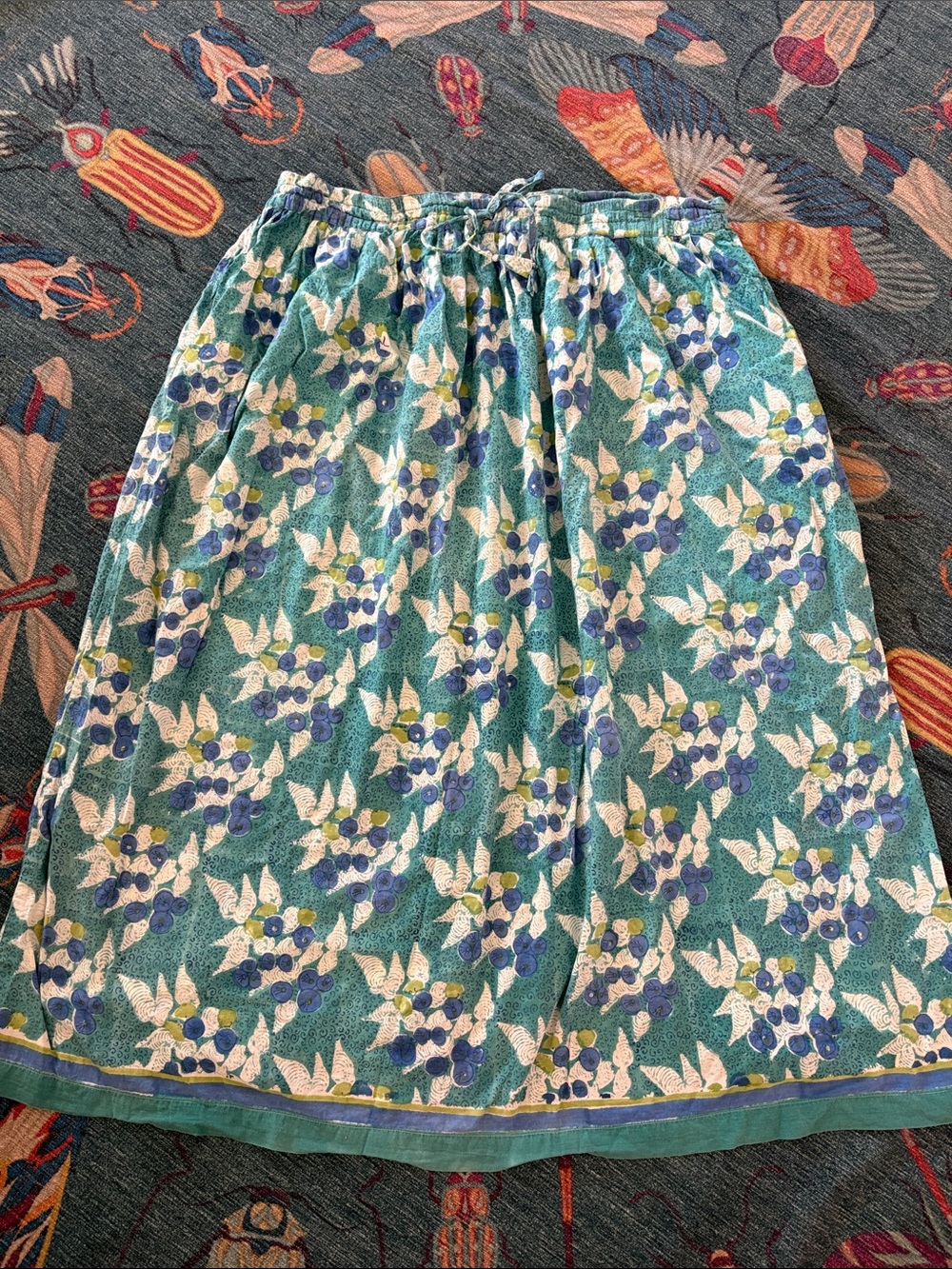 Gorgeous Vintage Anokhi block print cotton midi skirt with blueberries L